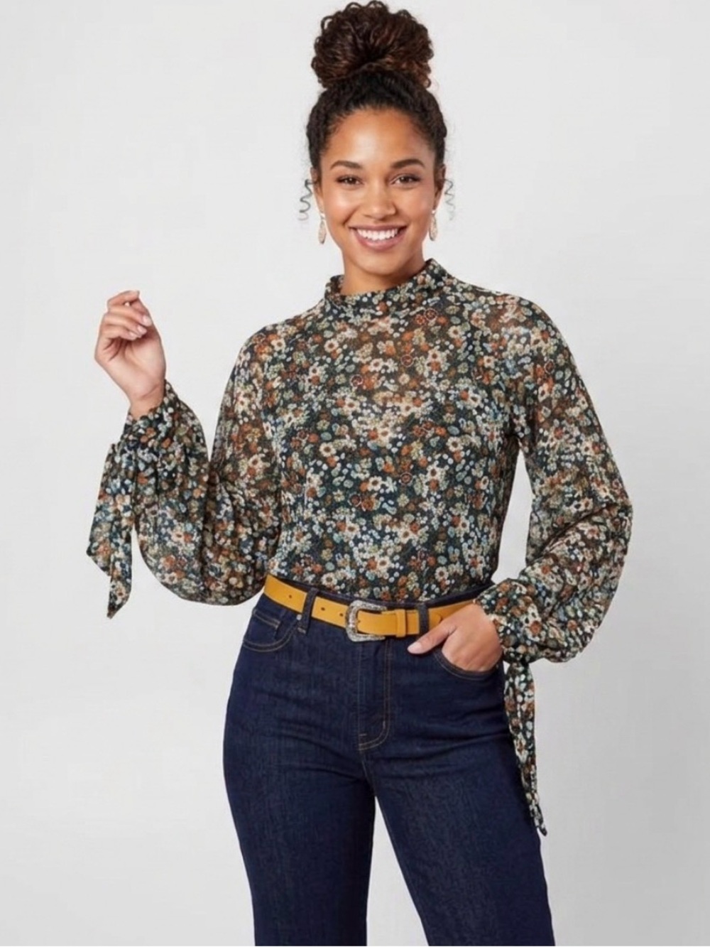 Free People Sheer Floral Mock-Neck Blouse in Green, Cream, Rust, Green